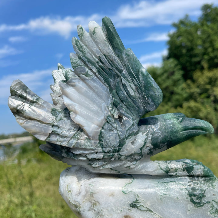 Unique,Natural Crystal Carving Soaring Posture Moss Agate Eagle