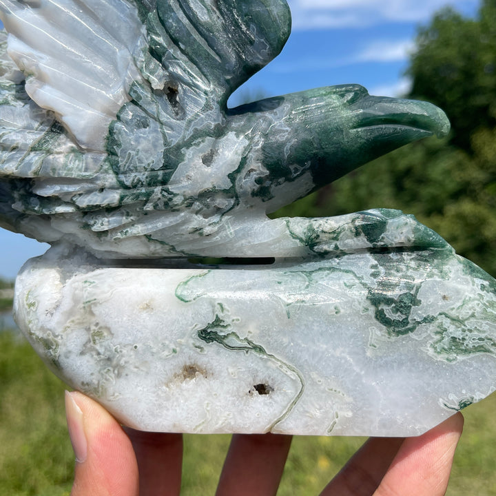 Unique,Natural Crystal Carving Soaring Posture Moss Agate Eagle