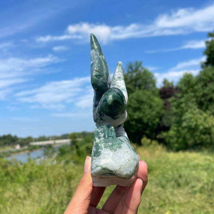Unique,Natural Crystal Carving Soaring Posture Moss Agate Eagle