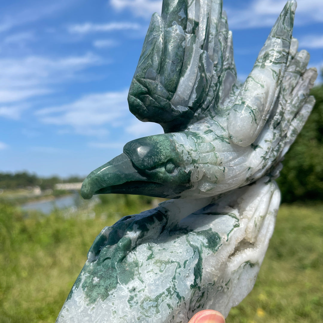 Unique,Natural Crystal Carving Soaring Posture Moss Agate Eagle