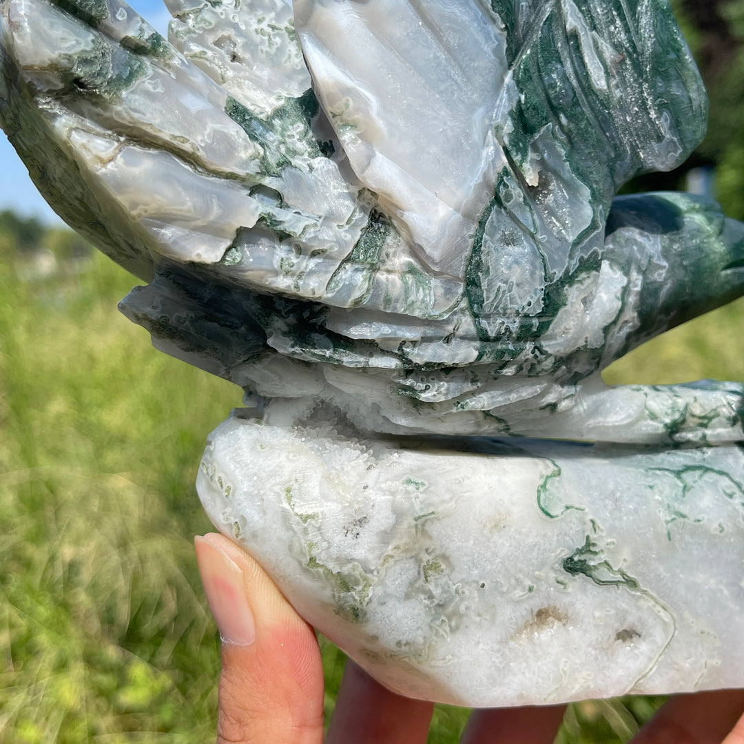 Unique,Natural Crystal Carving Soaring Posture Moss Agate Eagle