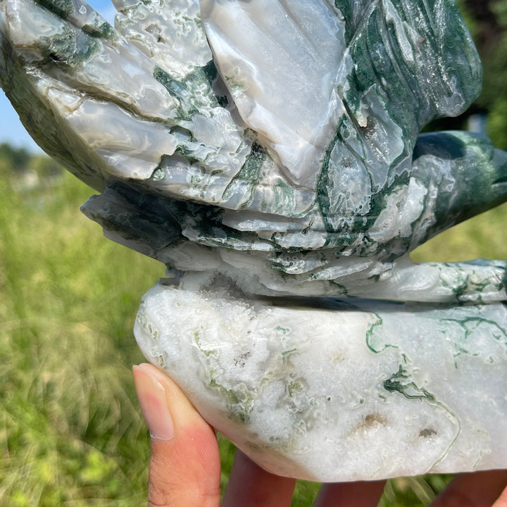Unique,Natural Crystal Carving Soaring Posture Moss Agate Eagle