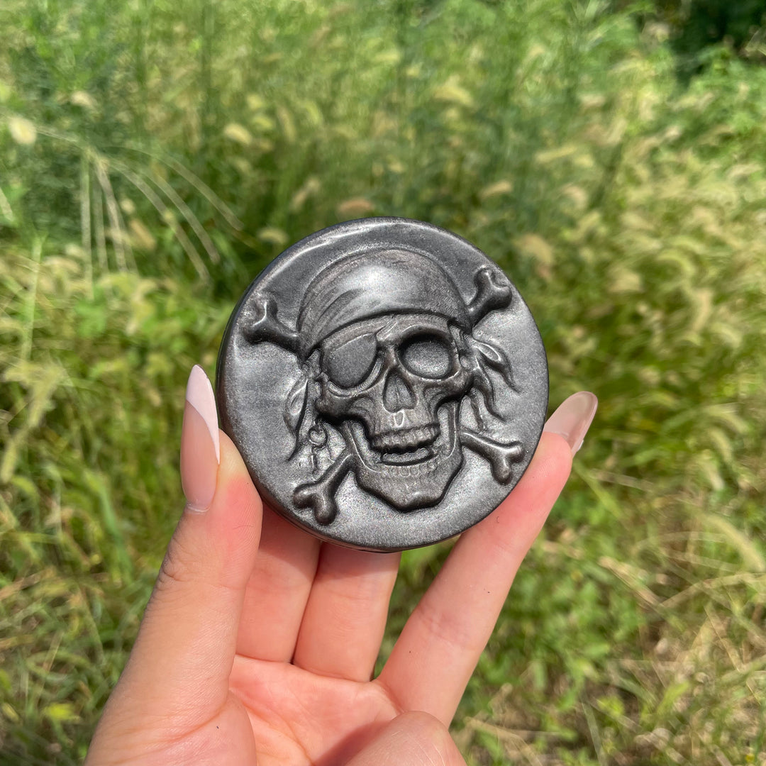 Natural Crystal Carving Silver Obsidian Pirate Skull