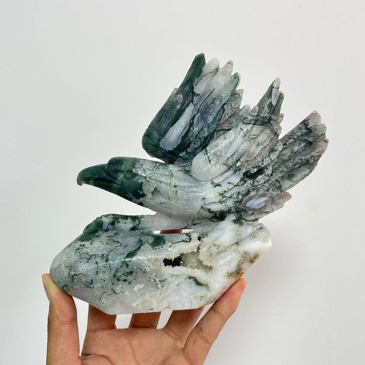 Unique,Natural Crystal Carving Soaring Posture Moss Agate Eagle