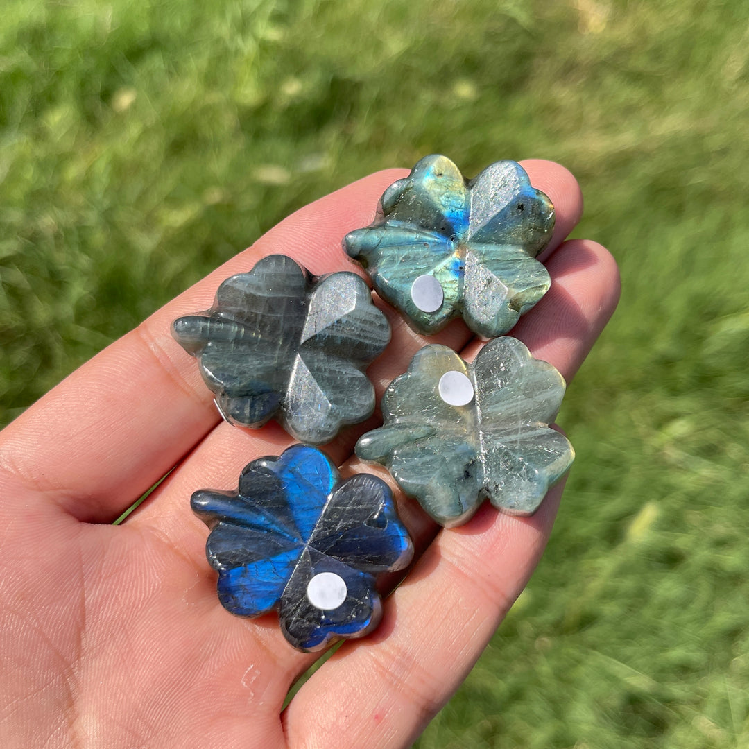 A Slightly Imperfect Natural Labradorite Four Leaf Clover Carving