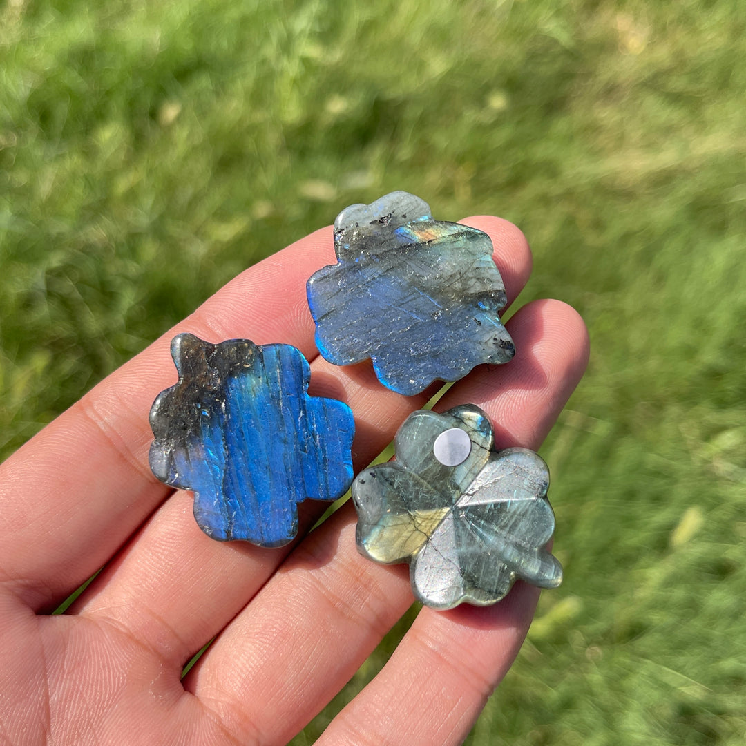 A Slightly Imperfect Natural Labradorite Four Leaf Clover Carving