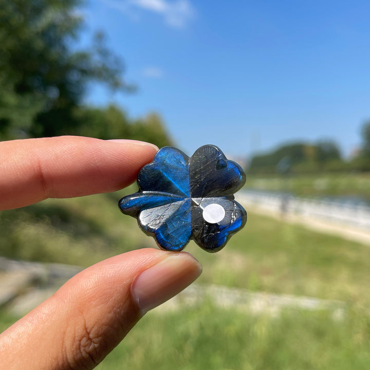 A Slightly Imperfect Natural Labradorite Four Leaf Clover Carving