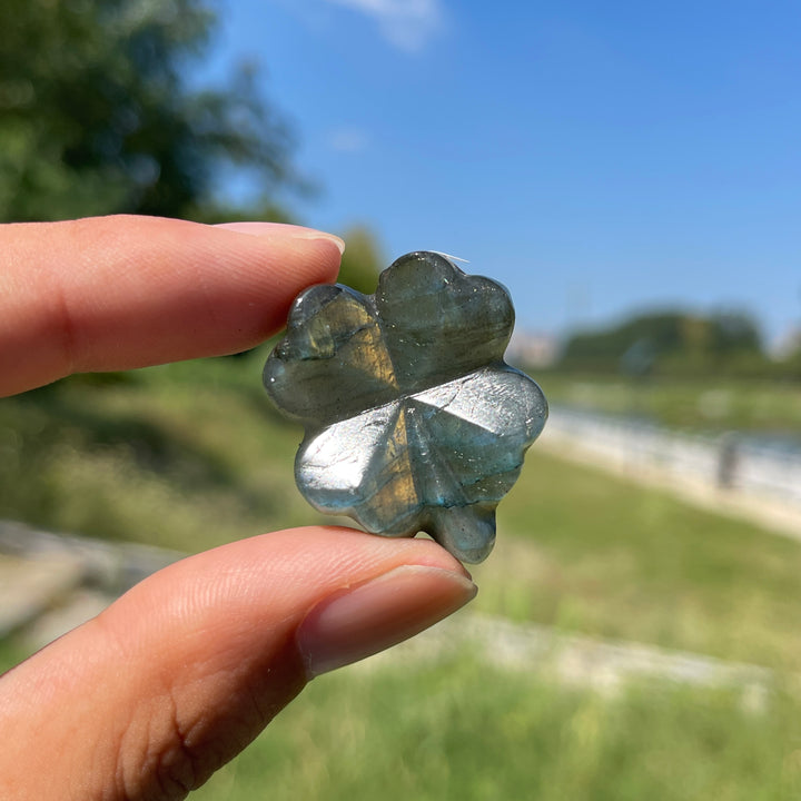 A Slightly Imperfect Natural Labradorite Four Leaf Clover Carving