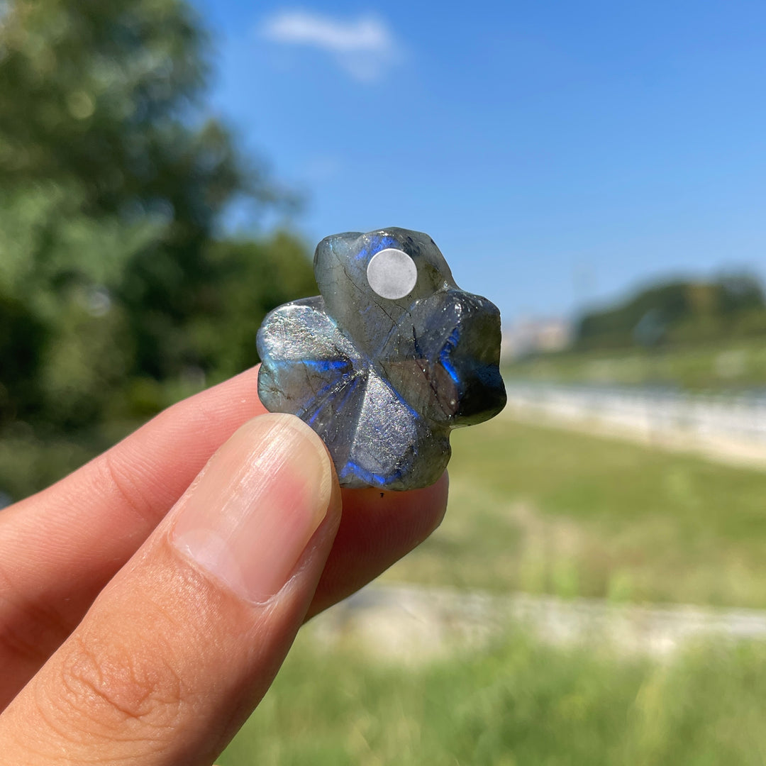 A Slightly Imperfect Natural Labradorite Four Leaf Clover Carving