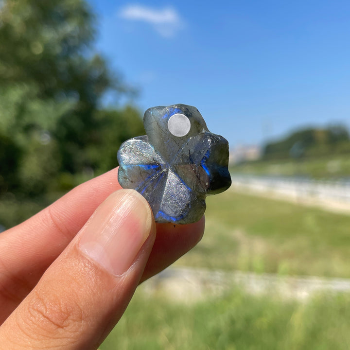 A Slightly Imperfect Natural Labradorite Four Leaf Clover Carving