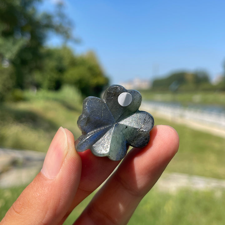 A Slightly Imperfect Natural Labradorite Four Leaf Clover Carving