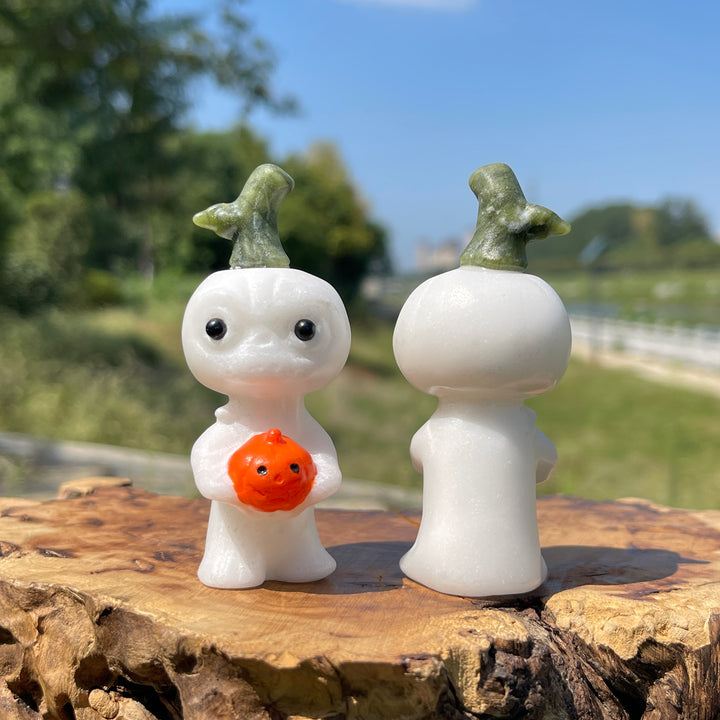 Natural Crystal White Jade Pumpkin Holding Sprite