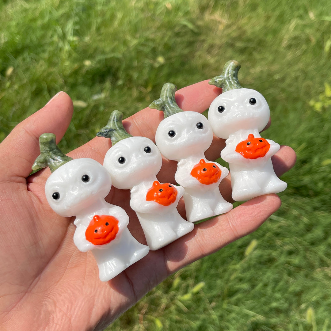Natural Crystal White Jade Pumpkin Holding Sprite