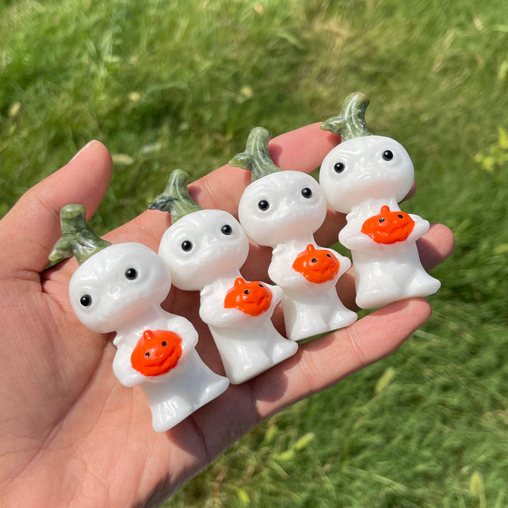 Natural Crystal White Jade Pumpkin Holding Sprite