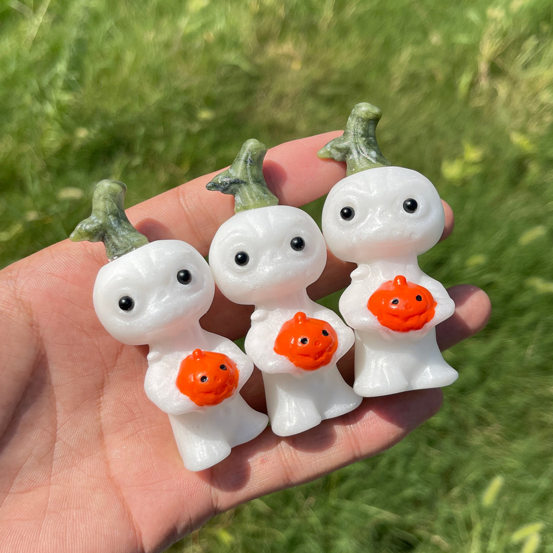 Natural Crystal White Jade Pumpkin Holding Sprite