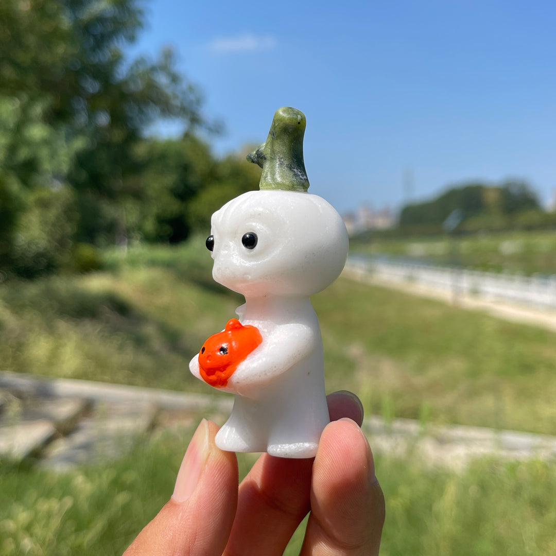 Natural Crystal White Jade Pumpkin Holding Sprite