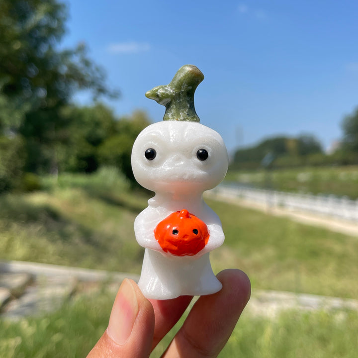 Natural Crystal White Jade Pumpkin Holding Sprite
