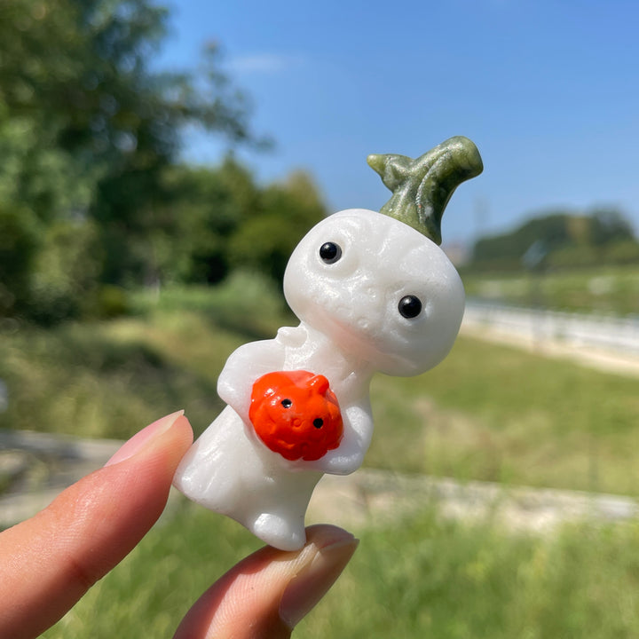 Natural Crystal White Jade Pumpkin Holding Sprite