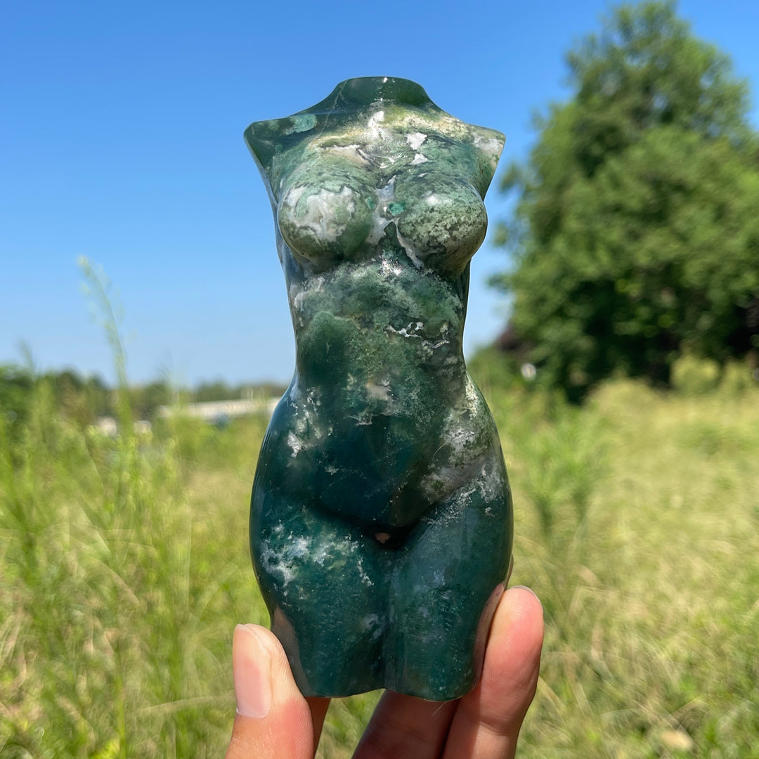 Unique,Natural Crystal Carving Moss Agate Goddess