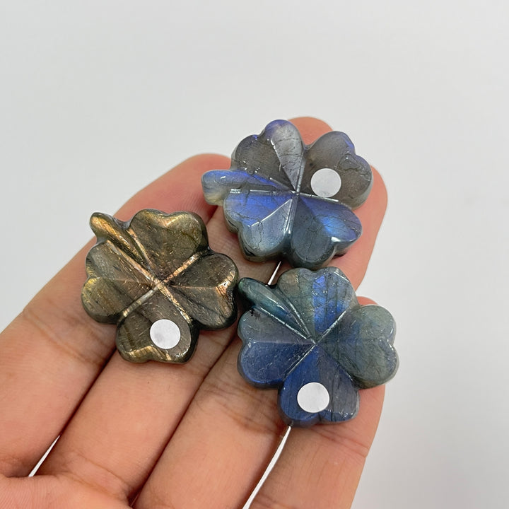 A Slightly Imperfect Natural Labradorite Four Leaf Clover Carving