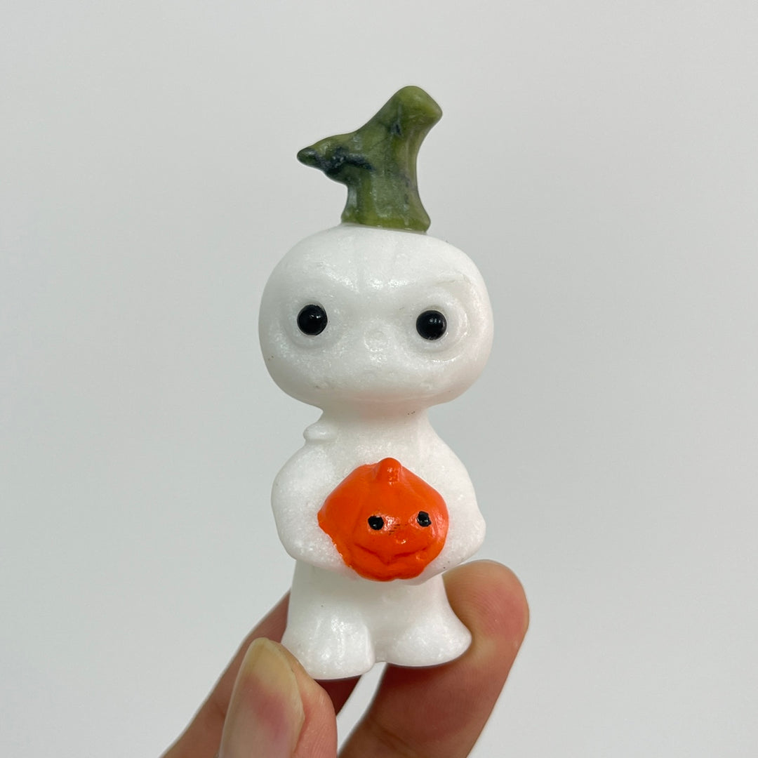 Natural Crystal White Jade Pumpkin Holding Sprite