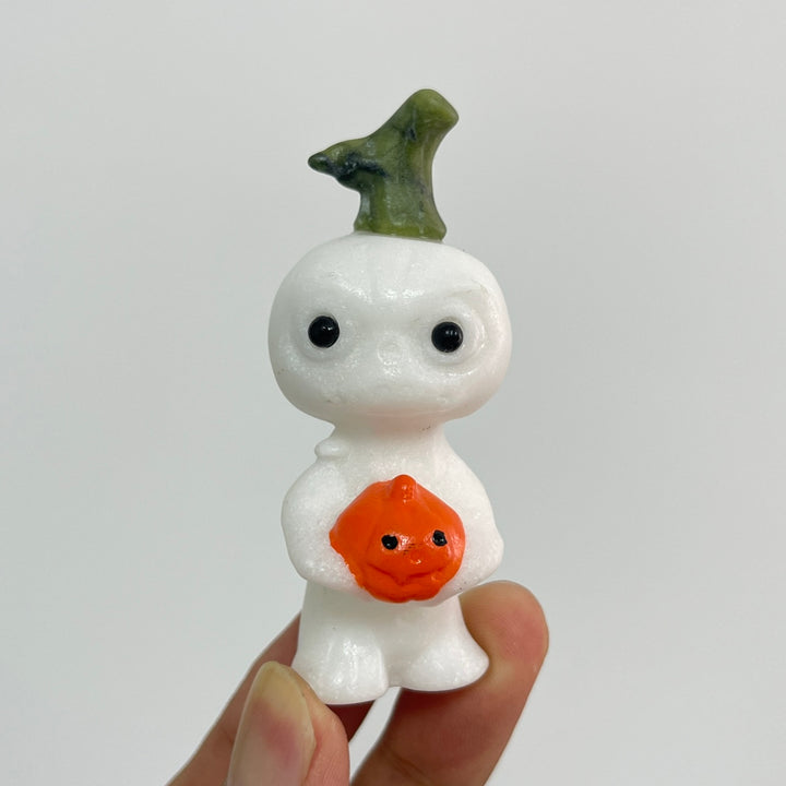 Natural Crystal White Jade Pumpkin Holding Sprite