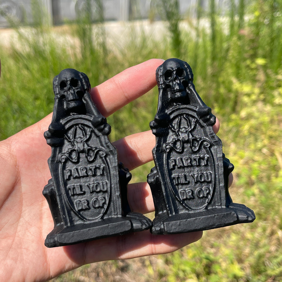 Natural Crystal Carving Black Obsidian Tombstone Skeleton