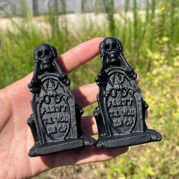 Natural Crystal Carving Black Obsidian Tombstone Skeleton