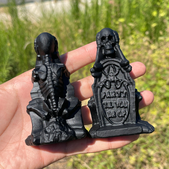 Natural Crystal Carving Black Obsidian Tombstone Skeleton