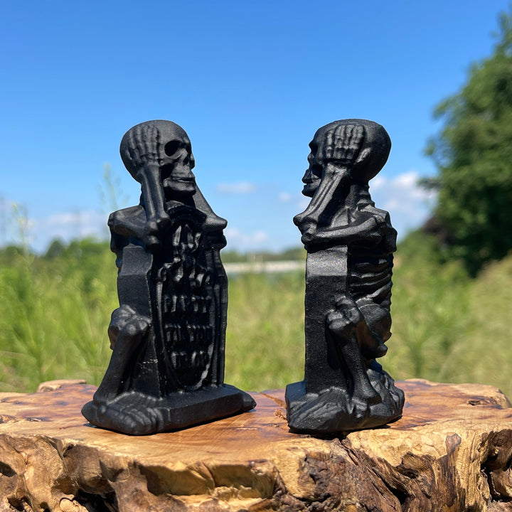 Natural Crystal Carving Black Obsidian Tombstone Skeleton