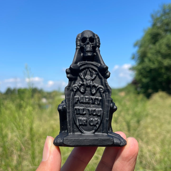 Natural Crystal Carving Black Obsidian Tombstone Skeleton