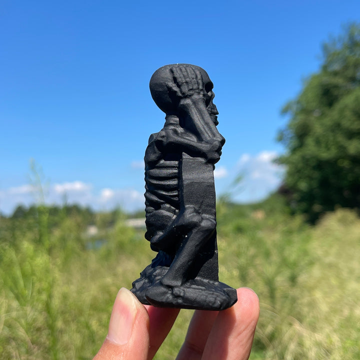 Natural Crystal Carving Black Obsidian Tombstone Skeleton