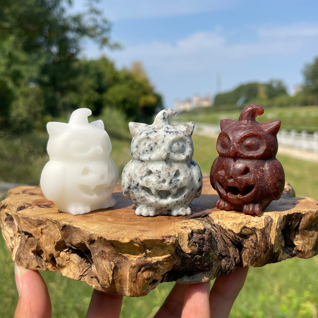 Natural Crystal Hat Wearing Pumpkin Owl Carving
