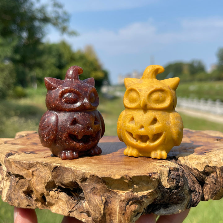 Natural Crystal Hat Wearing Pumpkin Owl Carving