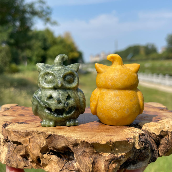 Natural Crystal Hat Wearing Pumpkin Owl Carving