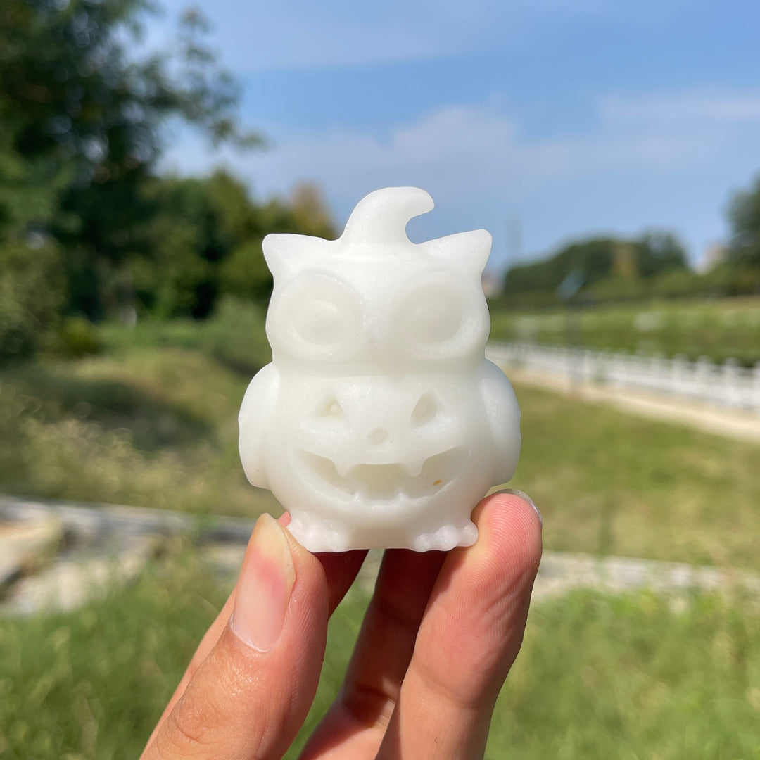 Natural Crystal Hat Wearing Pumpkin Owl Carving