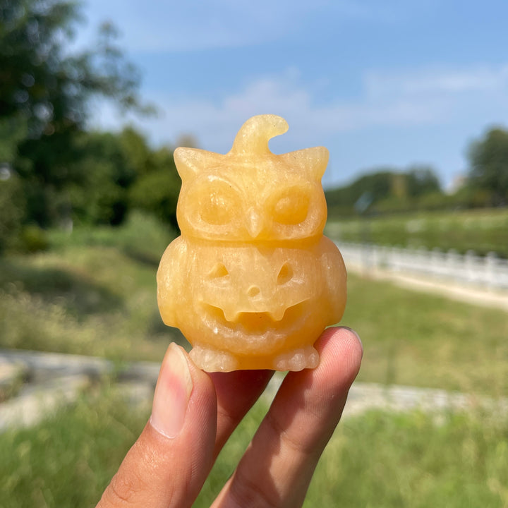 Natural Crystal Hat Wearing Pumpkin Owl Carving