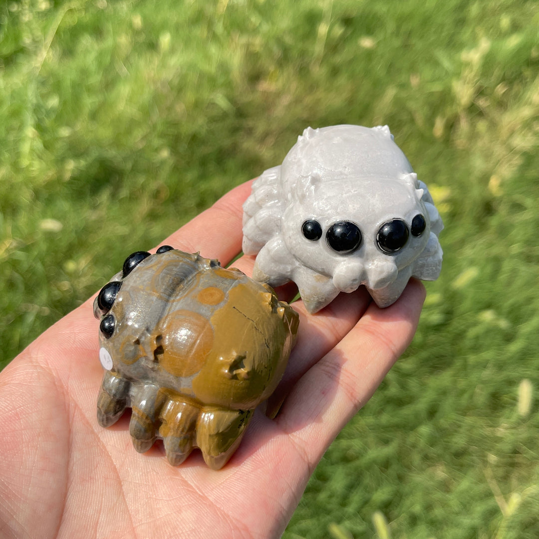 A Slightly Imperfect Natural Crystal Carving Playful Chibi Spider