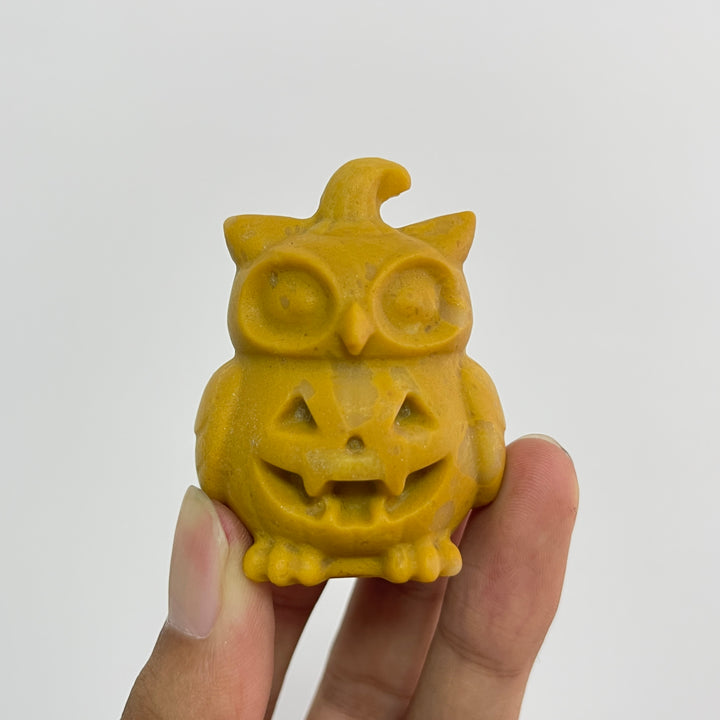 Natural Crystal Hat Wearing Pumpkin Owl Carving
