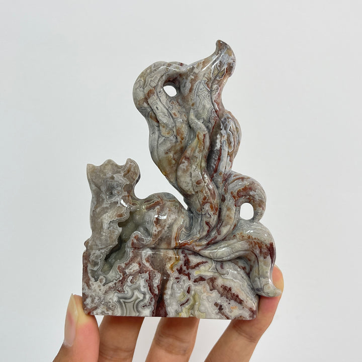 Unique,Natural Crystal Carving Cute Mexican Agate Nine-Tailed Fox