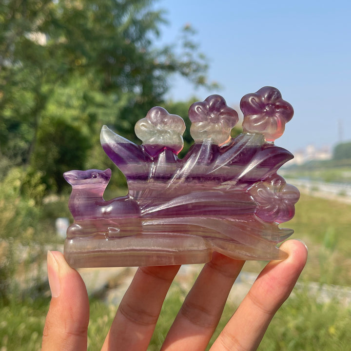 Unique,Natural Crystal Carving Fluorite Nine-Tailed Fox With Blooms