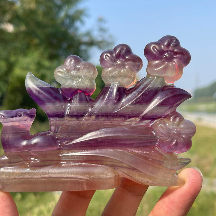 Unique,Natural Crystal Carving Fluorite Nine-Tailed Fox With Blooms