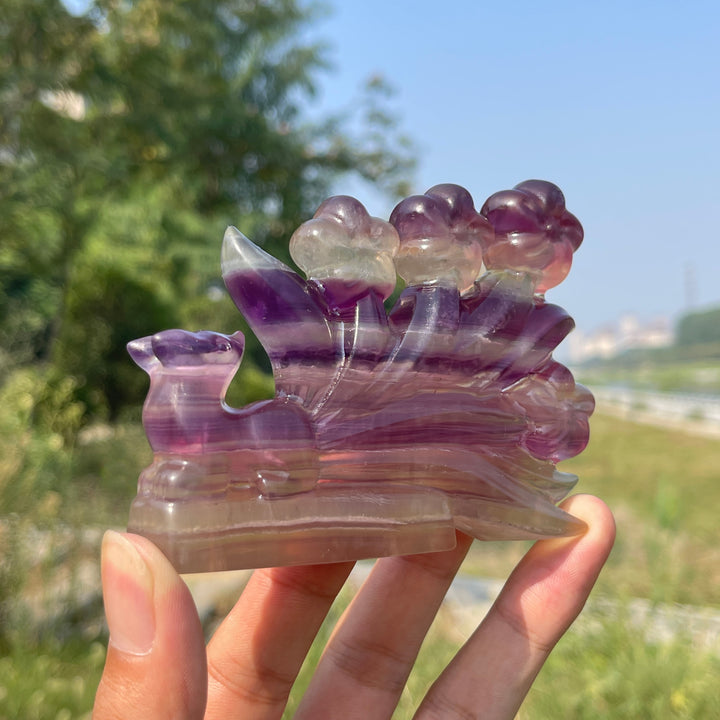 Unique,Natural Crystal Carving Fluorite Nine-Tailed Fox With Blooms