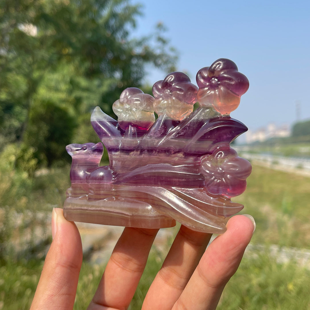 Unique,Natural Crystal Carving Fluorite Nine-Tailed Fox With Blooms