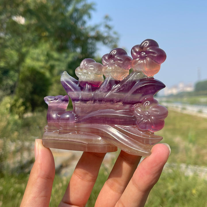 Unique,Natural Crystal Carving Fluorite Nine-Tailed Fox With Blooms