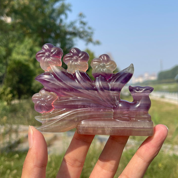 Unique,Natural Crystal Carving Fluorite Nine-Tailed Fox With Blooms