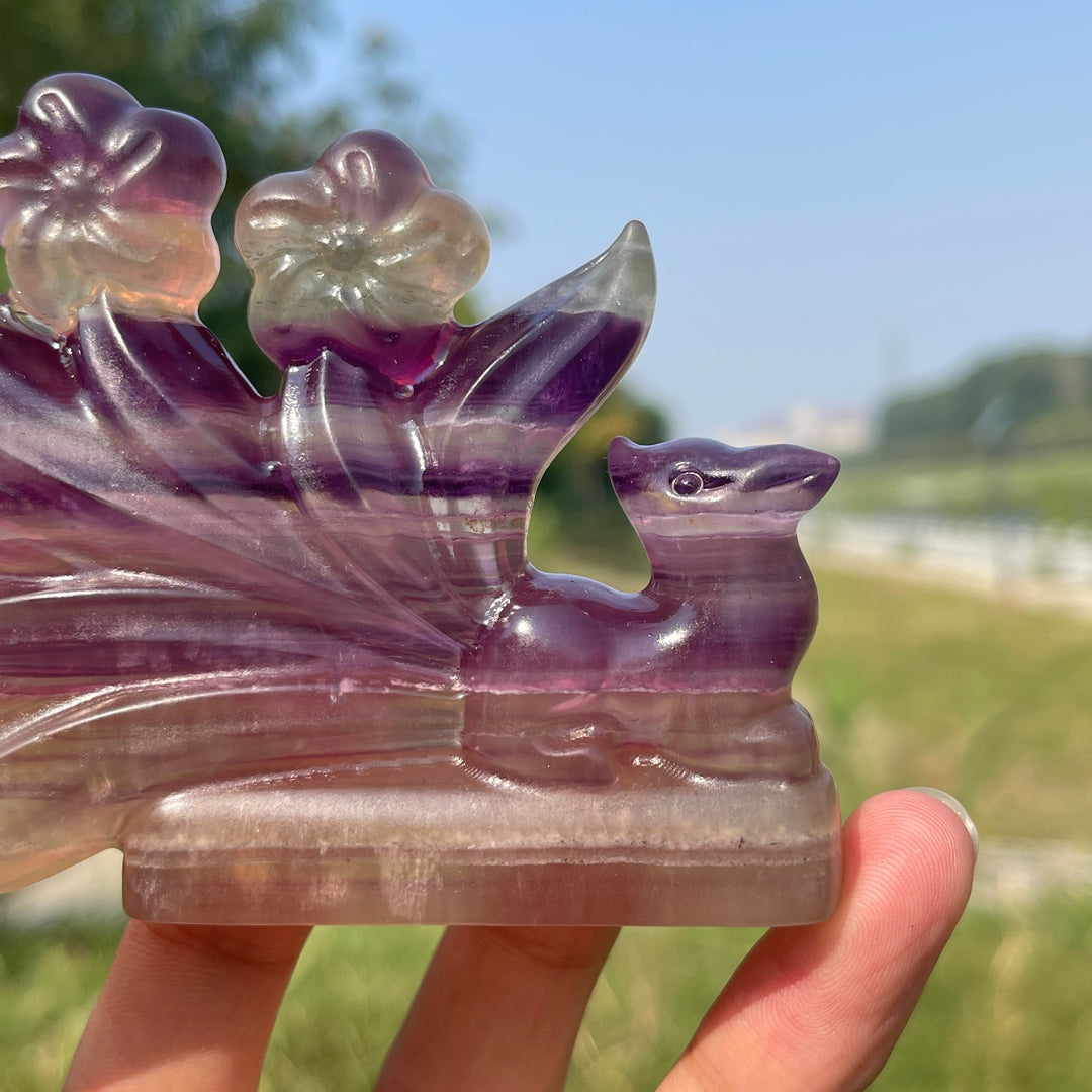 Unique,Natural Crystal Carving Fluorite Nine-Tailed Fox With Blooms