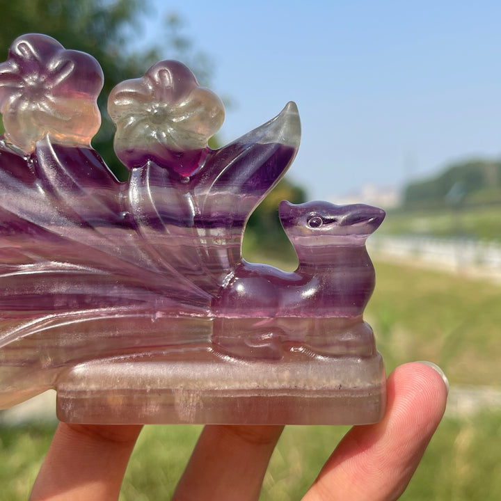 Unique,Natural Crystal Carving Fluorite Nine-Tailed Fox With Blooms