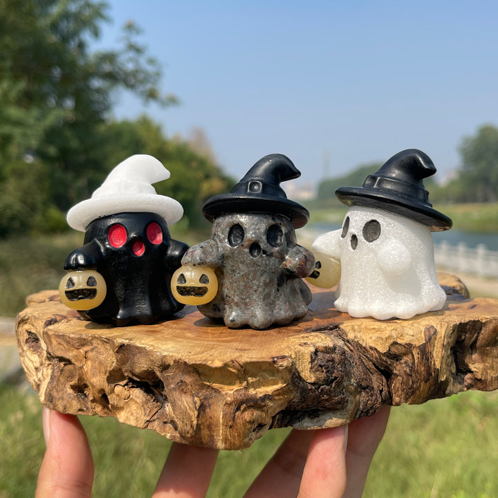 Natural Crystal Carving Witch Hat Ghost With Pumpkin Lantern