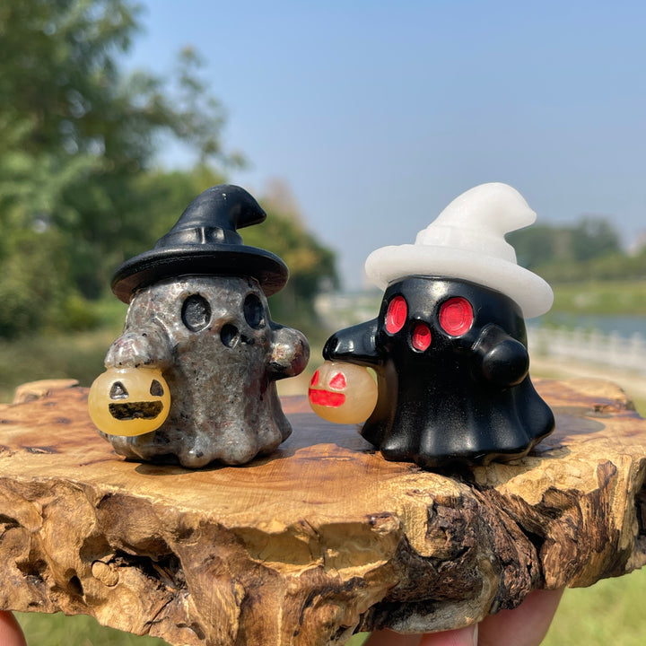 Natural Crystal Carving Witch Hat Ghost With Pumpkin Lantern